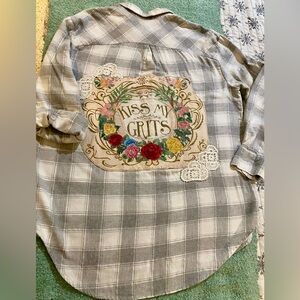 a new day Gray Plaid Button Down Shirt with Floral Design, “Kiss my Grits”